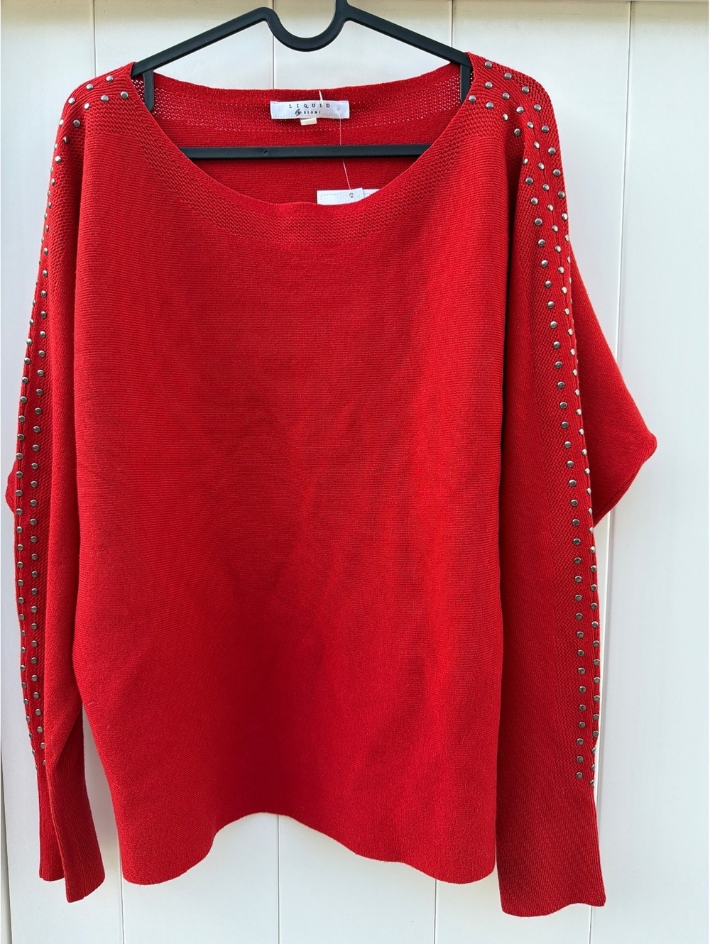 Liquid by Siomi Women's Size XL Red Studded Sleeve Boat Neck Knit Sweater NWT